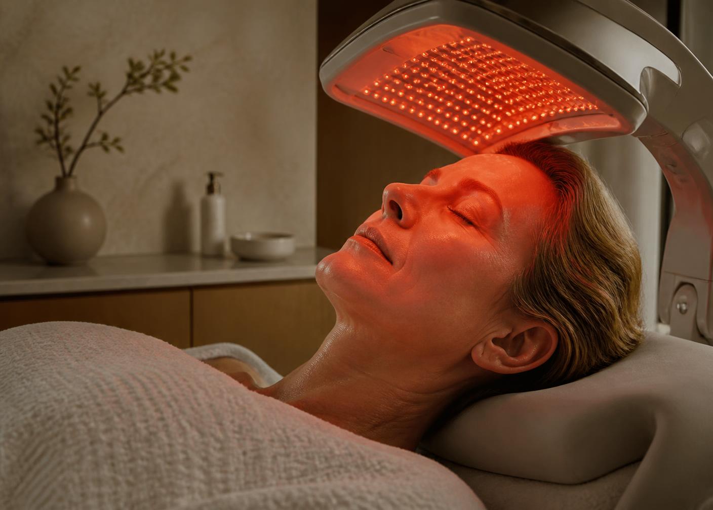 Dermalux LED phototherapy being delivered during a skin treatment